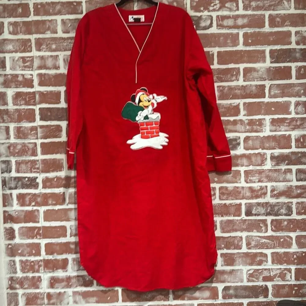 Disney Vintage Red Flannel Mickey Mouse Puff Print PJ Nightgown Size S/M - Picture 1 of 9